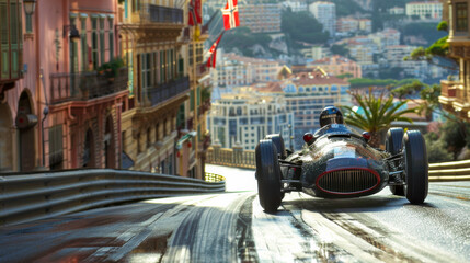 Naklejka na meble F1 1956 racing car on the streets of monaco Carlo, seeing the Chequered flag 