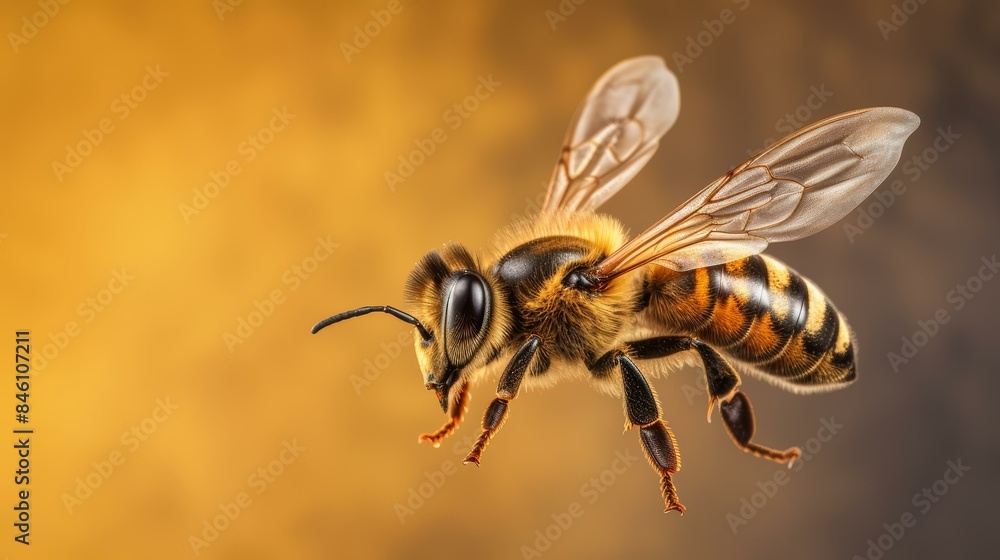 Striking macro shot of a bumblebee in flight against a clean background ...