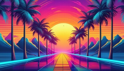 Poster - 80s retro sunset, palm trees on both sides, neon orange, yellow, purple, and blue.
