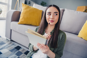 Canvas Print - Photo of pretty young lady notebook contemplate wear green shirt weekend modern apartment indoors