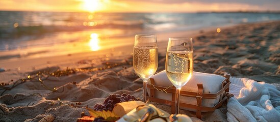 a charming summer evening beach picnic with two glasses of white wine and a wine chiller at sunset