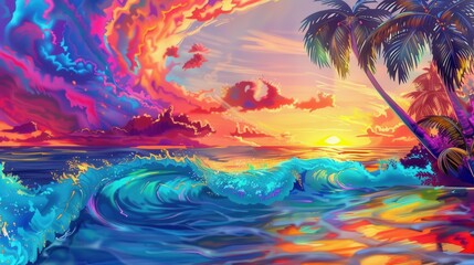 Wall Mural - Good morning sunrise Cartoon bright fantasy relief wall sculpted marble, fantasy tropical scene, tropical colors ::250 elliptic curve Homogeneous dispersion 