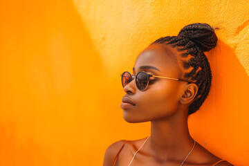 portrait of a cool and modern black woman with sunglasses in front of a orange wall background with copy space