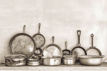 An array of pots and pans organized in the kitchen