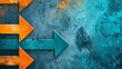 © DWN Media - Arrows pointing in different directions on a blue concrete background, with orange and teal colors, from a top view perspective