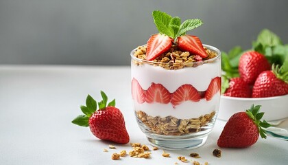 Wall Mural - A delectable parfait of strawberry yogurt and granola, offered in an ample glass, is preferable as an energy- dense snack or dessert over a setting of white grey cement and space