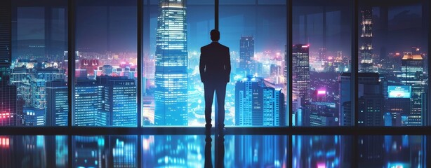 Businessman standing in a skyscraper office, concept of success and creativity in business, night city background.