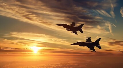 F16 fighter jets flying at sunset at high speed. generative ai