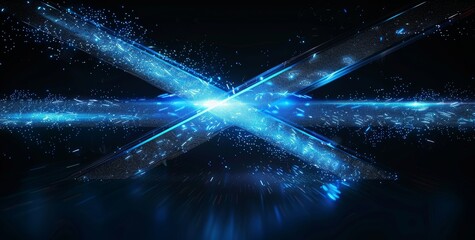 Wall Mural - a glowing blue technology illustration with crossed fiber optic cables in an x shape.