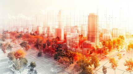Detailed architectural plan of an urban development showing city streets and buildings from an overhead view in a technical drawing style on a white background with grid lines for layout design.
