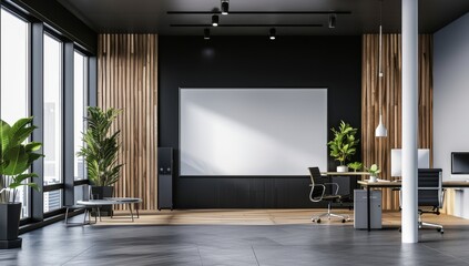 Wall Mural - Modern office interior with a mockup white screen on the wall, a panoramic view, a black and wood color scheme, a high resolution