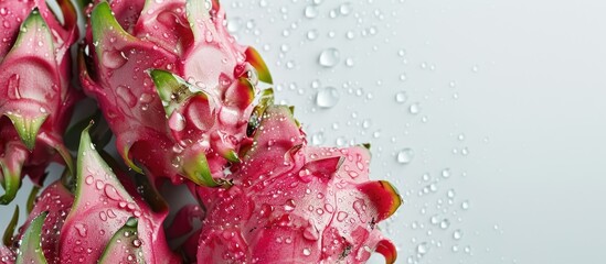 Wall Mural - Dragon fruit adorned with water droplets against a white backdrop.