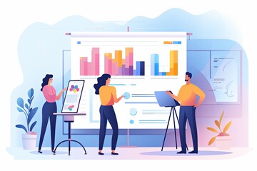 clean vector illustration of a team presenting