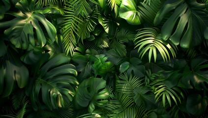  Tropical jungle background with lush green leaves, jungle plants and foliage, great for product display or tropical theme event backdrop.