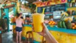 © Justlight - A customer holding a bright yellow banana smoothie with a straw while browsing the menu filled with colorful juice options at the Island Juice Bar.