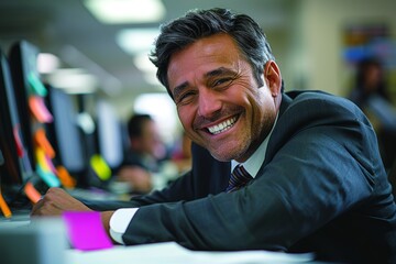 Wall Mural - A cheerful man in a dark suit is smiling brightly while leaning forward in an office environment with computers and colorful sticky notes around