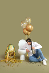 Sticker - Young man with hangover and champagne sitting near toilet bowl after Birthday party on green background