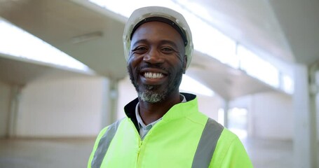 Poster - Construction worker, black man and face or happy on site for career in architecture and project management. Engineer, professional and portrait with hardhat or confidence for industry maintenance
