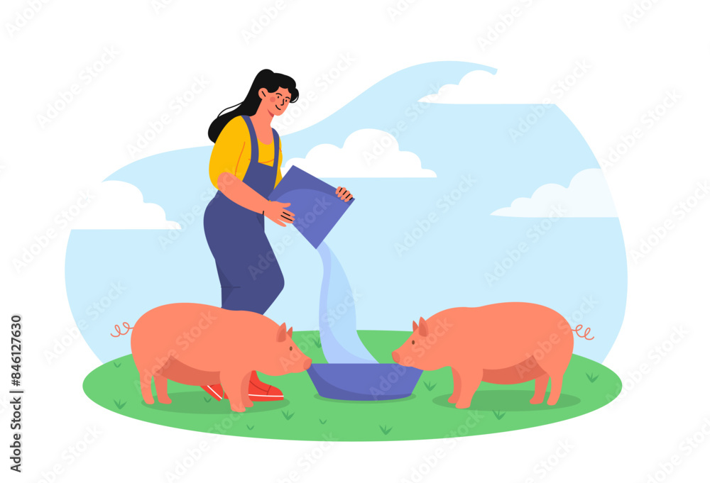 Woman feed pigs. Young girl in uniform gives water and food to pets ...