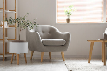 Sticker - Interior of light living room with grey armchair and plants