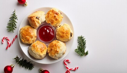 Wall Mural - A top view of freshly baked scones with bowl of sauce arranged on plain white background with a big space for text or product advertisement