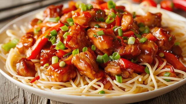 Tasty pork cooked with sweet and tangy sauce served with pasta Savor this hot dish with bell pepper and green onions