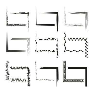 Decorative corner frames. Various styles. Black and white vector. Simple design.
