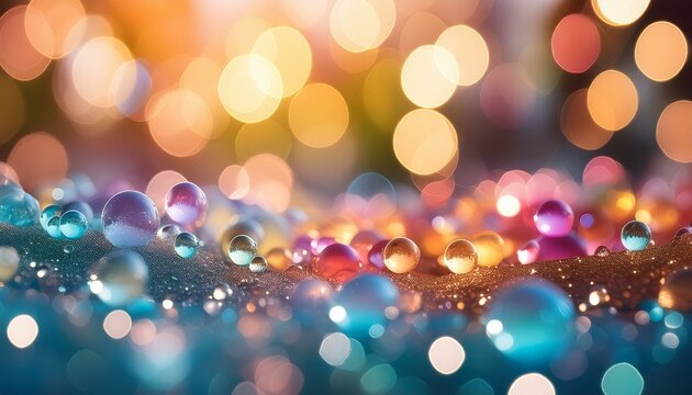 Abstract blurred background with bokeh lights and colorful bubbles