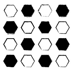 Wall Mural - Grunge hexagon icons. Hand drawn vector. Abstract black shapes. Rough border design.