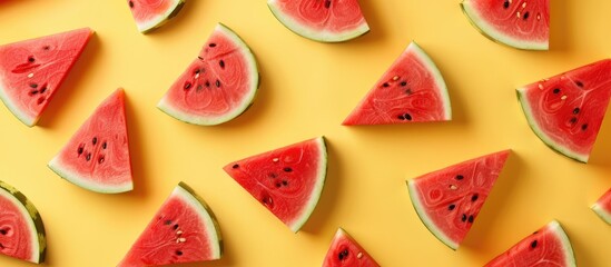 Wall Mural - Watermelon design: Vibrant red fruit against sunny yellow backdrop, evoking summer vibes. Overhead view in a flat lay composition.