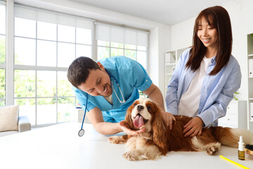 Poster - Male veterinarian with cute dog and owner in clinic