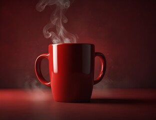 Two Steaming Red Coffee Mugs Against Red Backdrop with Dramatic Lighting Ideal for Cozy Cafes or Winter Beverage Promotions