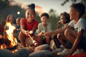 Summer Children's Portrait: a vivid image of a joyful child spending time at summer camp, surrounded by games, adventure and camaraderie, captured on canvas with cheerful colors.