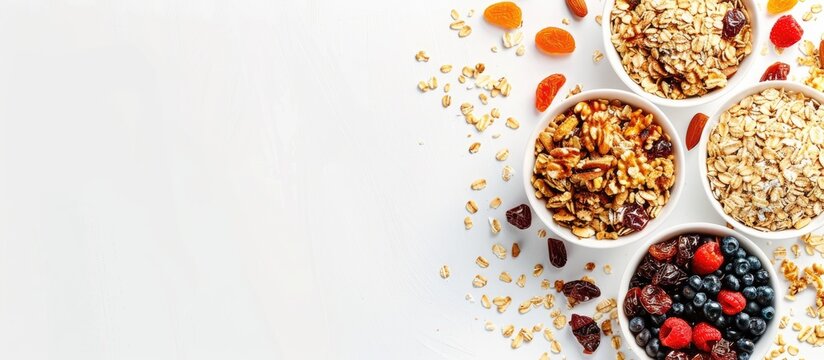 Revitalize your mornings with a nourishing muesli bowl made from organic ingredients - granola, nuts, dried fruits, oatmeal, and whole grain flakes laid out on a crisp white backdrop. 