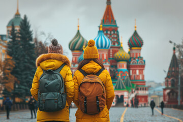 Tourists in Colorful Winter Coats Explore Iconic Red Square with Saint Basil's Cathedral in the Background on a Cloudy Day, Capturing the Essence of Moscow's Rich History and Vibrant Architecture