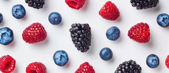 Wall Mural - Colorful wild berries pattern consisting of raspberries, blueberries, and blackberries arranged on a white background in a top view flat lay style.