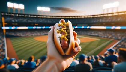 Hotdog with toppings in hand, background of baseball stadium lights. Tasty hotdog with mustard, relish, and onions at a baseball stadium.