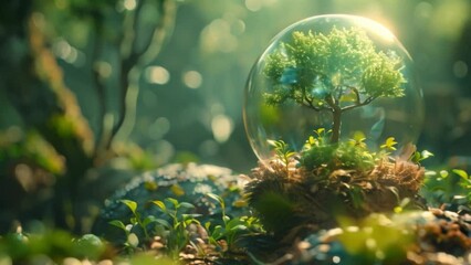 Wall Mural - A close-up image of a holographic tree in a glass sphere, resting on a rock in a forest setting.