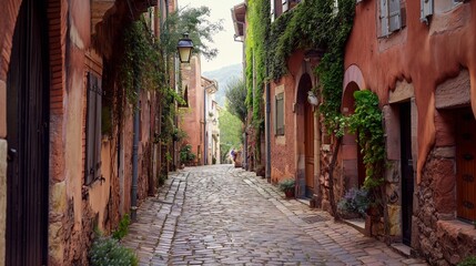  A charming street in a historic European town with cobblestone paths.