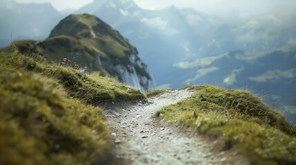 Curved hiking path near Nebelhorn mountain Oberstdorf Allgu with view over distant endless mountain landscape Shallow depth of field focus on hiking trail : Generative AI