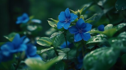 Blue flowers with leaves in spring Landscape : Generative AI