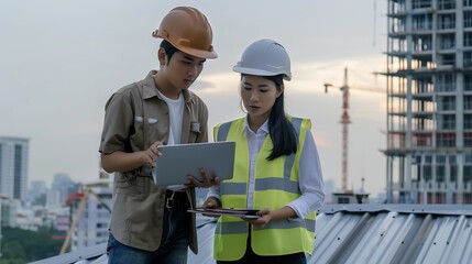 Wall Mural - Professional Asian man and woman teamwork engineer and foreman using laptop working outdoor at construction site building rooftop Architecture inspector inspect building exterior struc : Generative AI