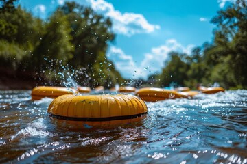 Family tubing on a river with gentle rapids, bright tubes, splashing water, and sunny skies