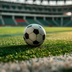 Wall Mural - A football ball on the green field in soccer stadium close up