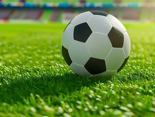 Wall Mural - A football ball on the green field in soccer stadium close up