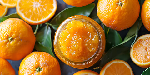 Wall Mural - Jar of Orange Marmalade with Slices and Leaves on Dark Background