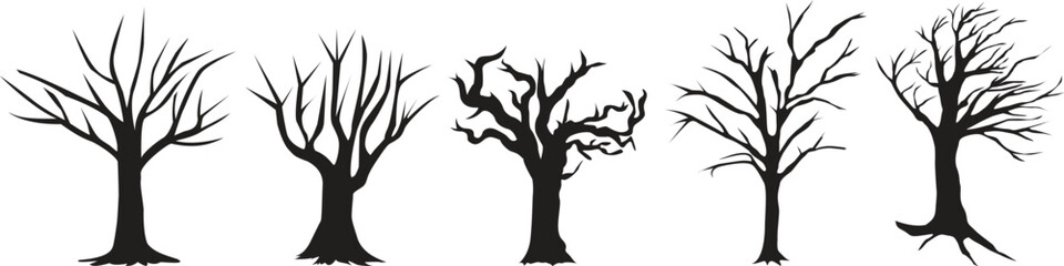 Silhouette of a tree trunk. Old tree. Black Branch Tree or Naked trees silhouettes. Hand drawn isolated illustrations.