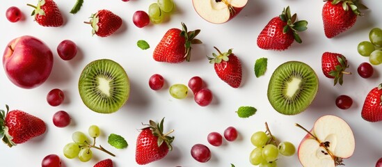 Wall Mural - Mix of Kiwi fruit, strawberries, grapes, and red apples on a white background - a fruity blend for a healthy lifestyle.