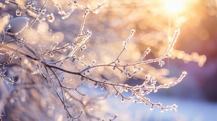 Wall Mural - Frost covered tree branches under the sun