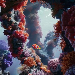 Poster - A colorful coral reef with a fish swimming through it